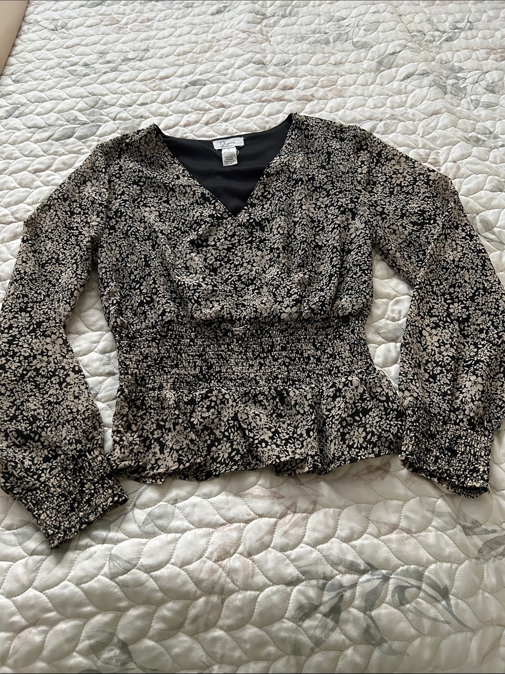 Japna Black and Cream Floral V-Neck Smocked Waist Blouse